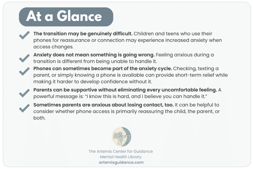 At-a-glance summary of key points about school phone bans, anxiety, reassurance, and helping children adjust